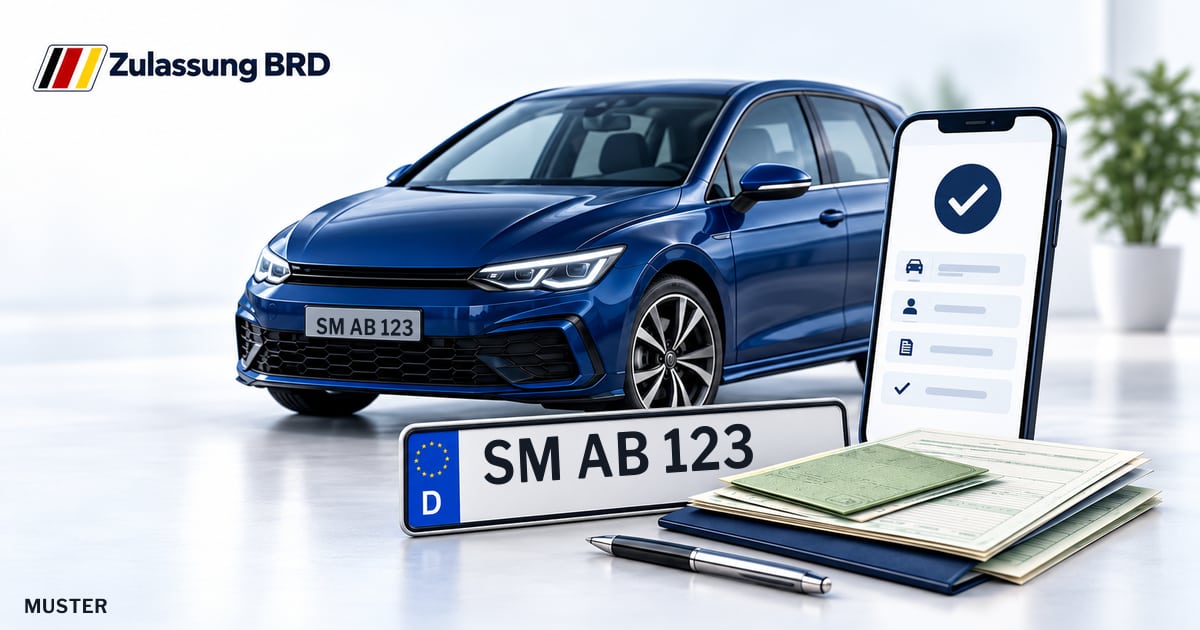 Online Fahrzeugzulassung in Schmalkalden: Musterkennzeichen SM AB 123, Auto und Fahrzeugpapiere und Smartphone. Illustration mit Logo von Zulassung BRD.